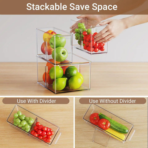 Clear Plastic Storage Bins With Dividers 3 Pack Acrylic Stackable Organizer Boxes for Fridge Pantry and Cabinets