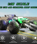 Rad All Terrain RC Monster Truck Off Road 2WD Hobby Car with dual rechargeable batteries and colorful LED lights on pavement