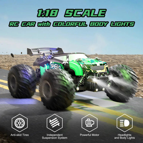 Rad All Terrain RC Monster Truck Off Road 2WD Hobby Car with dual rechargeable batteries and colorful LED lights on pavement