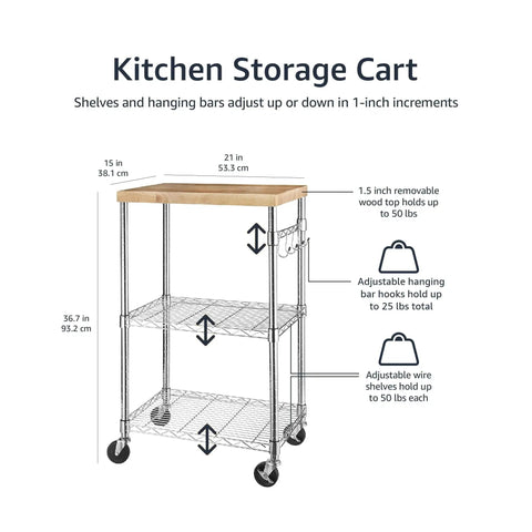 Easy Roll Kitchen Cart With Smooth Glide Caster Wheels And Custom Fit Wooden Top Plus Dual Chrome Shelves For Microwaves Or Mini Coolers Heavy Duty Mobile Storage Organizer Rack