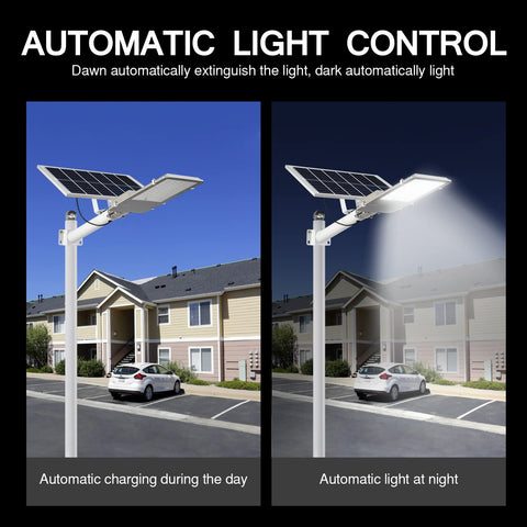 60000 Lumen Solar Street Light Outdoor Waterproof IP65 Dusk To Dawn With Motion Sensor And Remote Control shown in day and night use