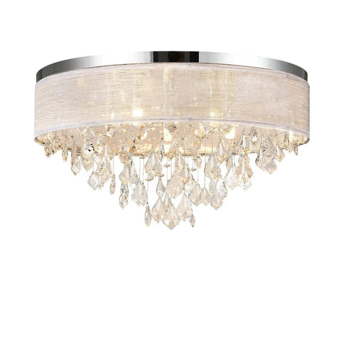 Flush Mount Ceiling Light Fixture With Crystal Chandelier 19.5 Inch Drum Modern Pendant K9 Crystals Fabric Shade Close To Ceiling