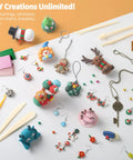 85 Color Polymer Clay Kit For Kids And Adults With 19 Sculpting Tools And 16 Accessories Oven Bake Modeling Clay Starter Set For Diy Creations And Gifts, showcasing creations like keychains and figurines.