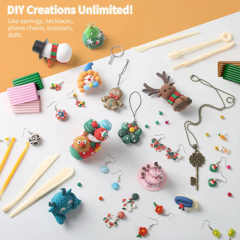 85 Color Polymer Clay Kit For Kids And Adults With 19 Sculpting Tools And 16 Accessories Oven Bake Modeling Clay Starter Set For Diy Creations And Gifts, showcasing creations like keychains and figurines.