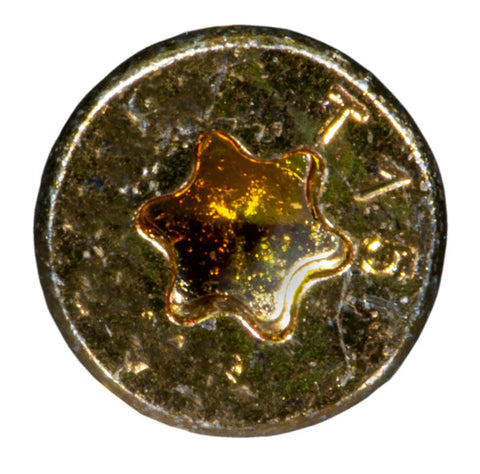 Top view of Heavy Duty Size Six By Three Quarter Inch Yellow Zinc Steel Bugle Head Screw with T15 Torx Drive.