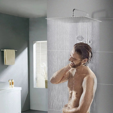 16 Inch Rain Shower Head High Pressure 1.8 GPM Brushed Nickel Square Shower Head with Anti Clog Silicone Nozzles, in use