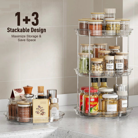 2-pack clear acrylic 2-tier Lazy Susan organizer on chrome frame with bamboo-lidded jars
