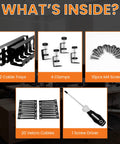 Contents of Two Pack 15.75 Inch Under Desk Cable Management Tray Set, including trays, clamps, screws, Velcro cables, and screwdriver.