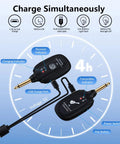 Dual Mode Wireless Guitar System UHF With 100ft Range And Rechargeable Li Battery Plug And Play For Guitar Bass Violin And Keyboard Crystal Clear Sound With Latency Under 4ms And Auto Pairing, USB charging and indicators.