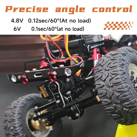 Underbody view of RC car with 12G Metal Gear Digital RC Steering Servo Upgrade Kit for SCX24, showcasing precise angle control.