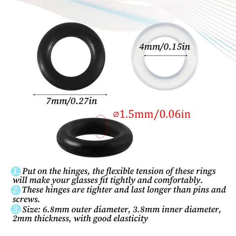 Close-up of silicone rings from 60 Pcs Eyeglass Hinge Tighteners And Repair Kit with 2 Screwdrivers for loose temple arms.