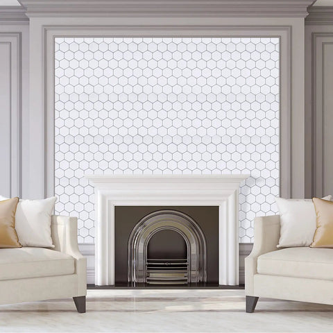 White 3D Hexagonal Peel And Stick Wall Tiles Set behind fireplace in living room