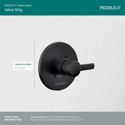 Precept Trim Kit Matte Black For Delta MultiChoice Universal Valve Rough In With Pressure Balance Cartridge on white wall