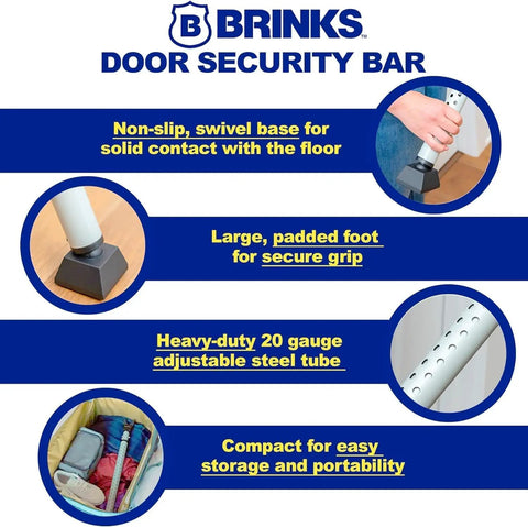 Infographic detailing features of the Beefy Heavy Duty Door Security Bar Adjustable For Travel Home Dorm And School Fits Hinged And Sliding Doors Made From 20 Gauge Steel For Extra Protection And Easy Tool Free Fit From 25 To 43 Inches Door Jammer, including non-slip base, padded foot, and 20-gauge steel tube.