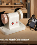 Built Tough Compact Bench Grinder Polishing Workstation Featuring Genuine Copper Motor, dual grinding wheels on a workbench.