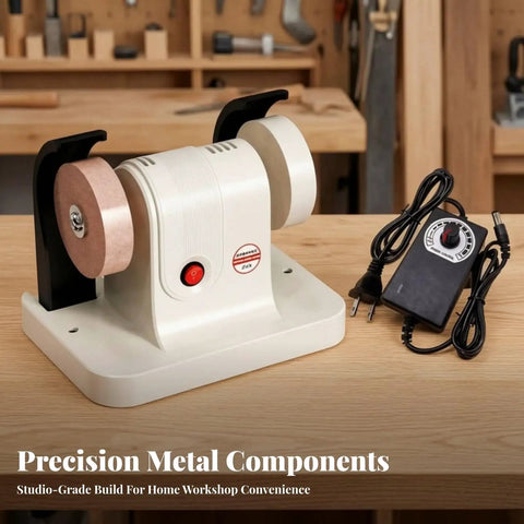 Rock Solid Compact Bench Grinder with Copper Motor Twin Wheels Adjustable RPM and Polishing Attachment Black Shell, 18x13.6x15.6 cm.