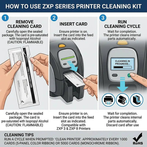 How to use Premium T390 And T156 Cleaning Kit For Zebra ZXP 1 3 8 Card Printers ensuring proper cleaning steps.