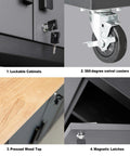 Close-up of features of Nine Piece Steel Garage Cabinet Set With Locking Storage and Rolling Chest in Black and Grey.