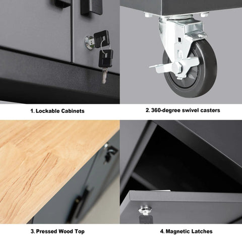 Close-up of features of Nine Piece Steel Garage Cabinet Set With Locking Storage and Rolling Chest in Black and Grey.