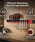 Magnetic Screwdriver Organizer And Tool Holder Wall Mount With Strip Aluminum Alloy displaying screwdrivers and wrenches in workshop.