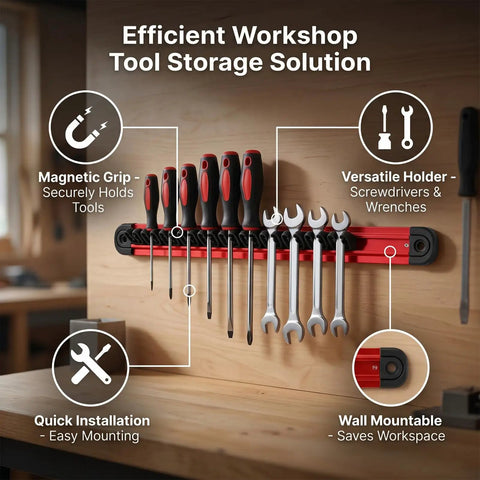 Magnetic Screwdriver Organizer And Tool Holder Wall Mount With Strip Aluminum Alloy displaying screwdrivers and wrenches in workshop.