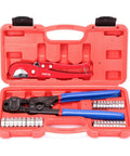 Cinch And Crimp Ratchet PEX Tool For Three Eighths To One Inch Stainless Steel Clamps With Removing Function, Universal PEX Crimper Kit including clamps and pipe cutter in open red case