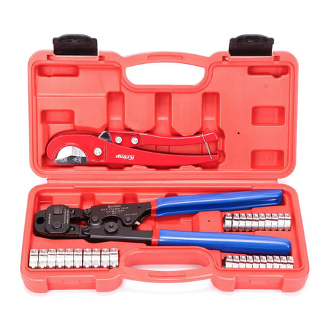 Cinch And Crimp Ratchet PEX Tool For Three Eighths To One Inch Stainless Steel Clamps With Removing Function, Universal PEX Crimper Kit including clamps and pipe cutter in open red case