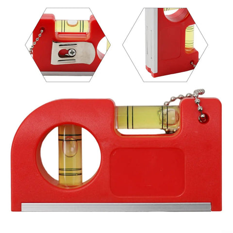 2-in-1 Pocket Level with Metal Chain for Construction and DIY Projects, red plastic body, horizontal and vertical vials.