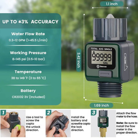 Heavy Duty Garden Hose Water Flow Meter with Brass Inlet and Metal Thread, LCD display showing measurements, ideal for outdoor watering.