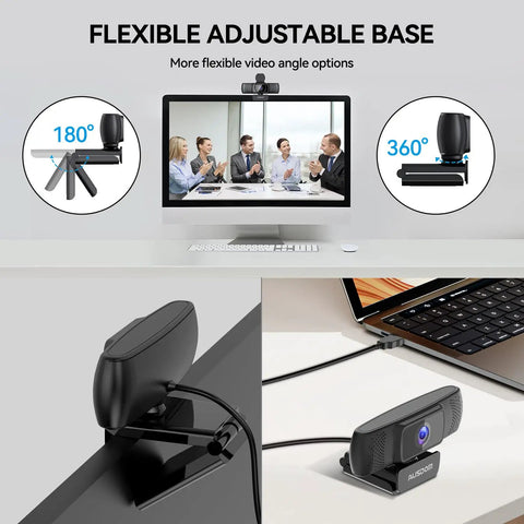 Straight Up Crisp 1080P Full HD Webcam With Dual Echo Busting Mics And 90 Degree Wide Angle View shows adjustable base on desktop.