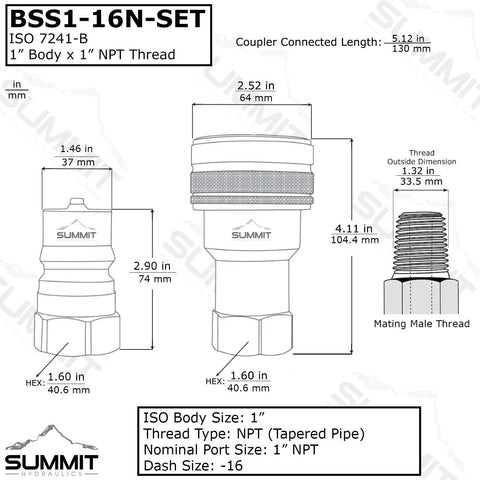 Heavy Duty One Inch Npt Stainless Steel Quick Disconnect Hydraulic Coupler Set Iso 7241 B technical drawing with dimensions.