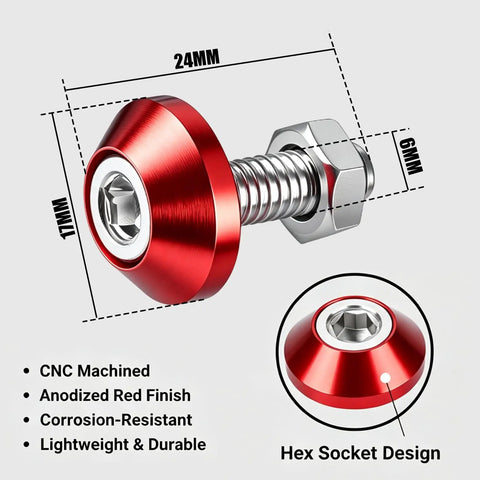 Heavy Duty Aluminum License Plate Bolts 4 Pack For Motorcycle And Car With Rust Proof Anti Theft Screws To Upgrade Your Ride Badass Style That Stays Secure And Looks Sick Year Round, red aluminum bolt 24mm x 6mm with hex socket.