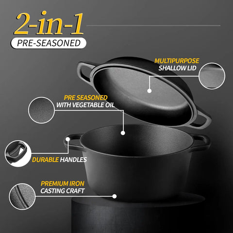 2-In-1 Preseasoned Cast Iron Dutch Oven Pot With Skillet Lid, Dual-Handle Cast Iron Cookware Set for Indoor Outdoor Grilling