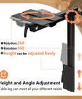 Heavy Duty Aluminum RV Table Leg Equipped With 360 Swivel And Adjustable Height Plus Space Saving Bracket For Camper Motorhome Yacht Setup Rock Solid Base Black, showing height and angle adjustment features.