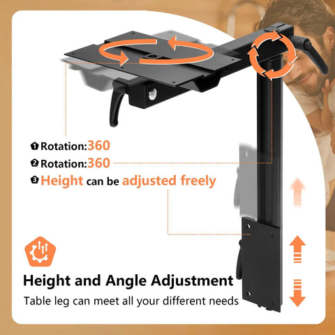 Heavy Duty Aluminum RV Table Leg Equipped With 360 Swivel And Adjustable Height Plus Space Saving Bracket For Camper Motorhome Yacht Setup Rock Solid Base Black, showing height and angle adjustment features.