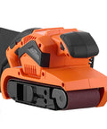 Workhorse Grade 3 By 21 Belt Sander With 7 Amp Motor and Six Variable Speeds close-up showing orange body and belt.