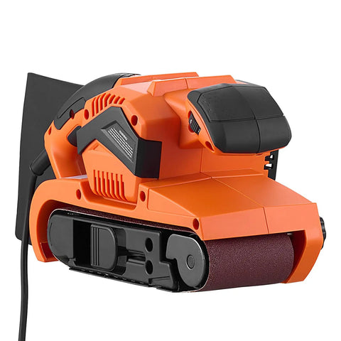Workhorse Grade 3 By 21 Belt Sander With 7 Amp Motor and Six Variable Speeds close-up showing orange body and belt.
