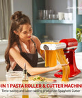 Jovan Home 3 In 1 Pasta Maker Attachment For Kitchenaid Stand Mixers, woman using red pasta roller for fresh spaghetti.