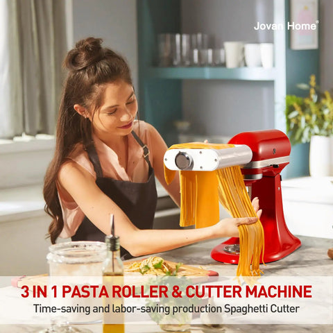 Jovan Home 3 In 1 Pasta Maker Attachment For Kitchenaid Stand Mixers, woman using red pasta roller for fresh spaghetti.