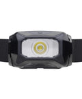 Tikkina Compact Headlamp with 300 Lumen Brightness for hiking, climbing, running, and camping, front view showing lens and strap.
