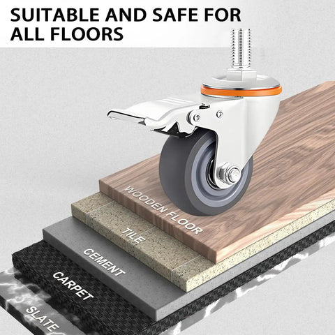 Heavy Duty Swivel Caster Wheels With M Threaded Stem And Top Plate on wooden, tile, cement, carpet, and slate floors, with brake.