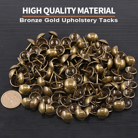 Top Shelf Antique Bronze Upholstery Tacks in bronze gold finish, 5/8 inch, used for furniture upholstery and DIY projects.