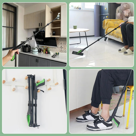 51-inch foldable grabber reacher with magnetic tip and 360° rotating claw, shown reaching cabinets, picking items from floor, folded on wall, and in use by a seated person.