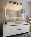 Modern bathroom with Dope Industrial Matte Black 3 Light Vanity Light Fixture For Bathroom With Clear Glass Shades Modern Farmhouse Over Mirror Bath Light ETL Certified Today above mirror.
