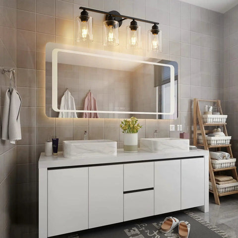 Modern bathroom with Dope Industrial Matte Black 3 Light Vanity Light Fixture For Bathroom With Clear Glass Shades Modern Farmhouse Over Mirror Bath Light ETL Certified Today above mirror.