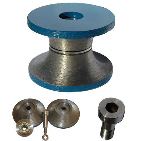 Badass Diamond Bullnose Router Bit Set For Granite Marble Stone Concrete V40 Profile Three Piece Grit Kit 40 70 And 150 With Quick Mount Bolts showing router bit and accompanying parts.