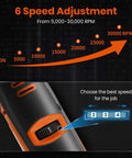 Hardell 12V cordless rotary tool with orange and black body and 6-speed dial (5,000-30,000 RPM)