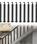 Top Shelf Holeless Stair Railing Spindles Matte Black 35 Or 37 Inch Adjustable Posts displayed vertically in modern home setting.
