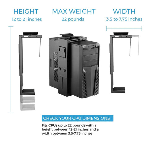 Upgrade Your Workspace Vibes With This Rock Solid Adjustable Under Desk Computer Mount And Wall Bracket That Keeps Your CPU Tower Off The Floor For A Totally Clean Setup Plus Broad Compatibility. Dimensions showing height 12-21 inches, width 3.5-7.75 inches.