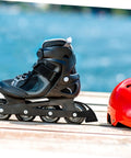 Inline skate with Replacement Inline Skate Brake Kit Universal Toe Stopper for Smooth Braking, helmet in background.